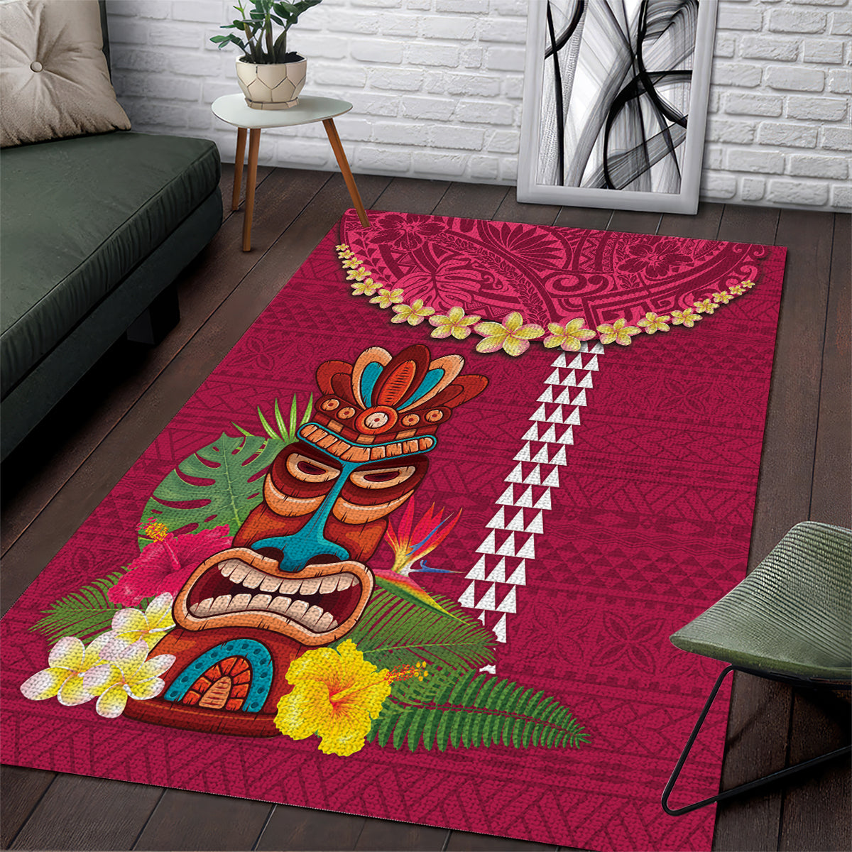 Hawaii Plumeria Lei Area Rug Tiki and Kakau Pattern Pink Color