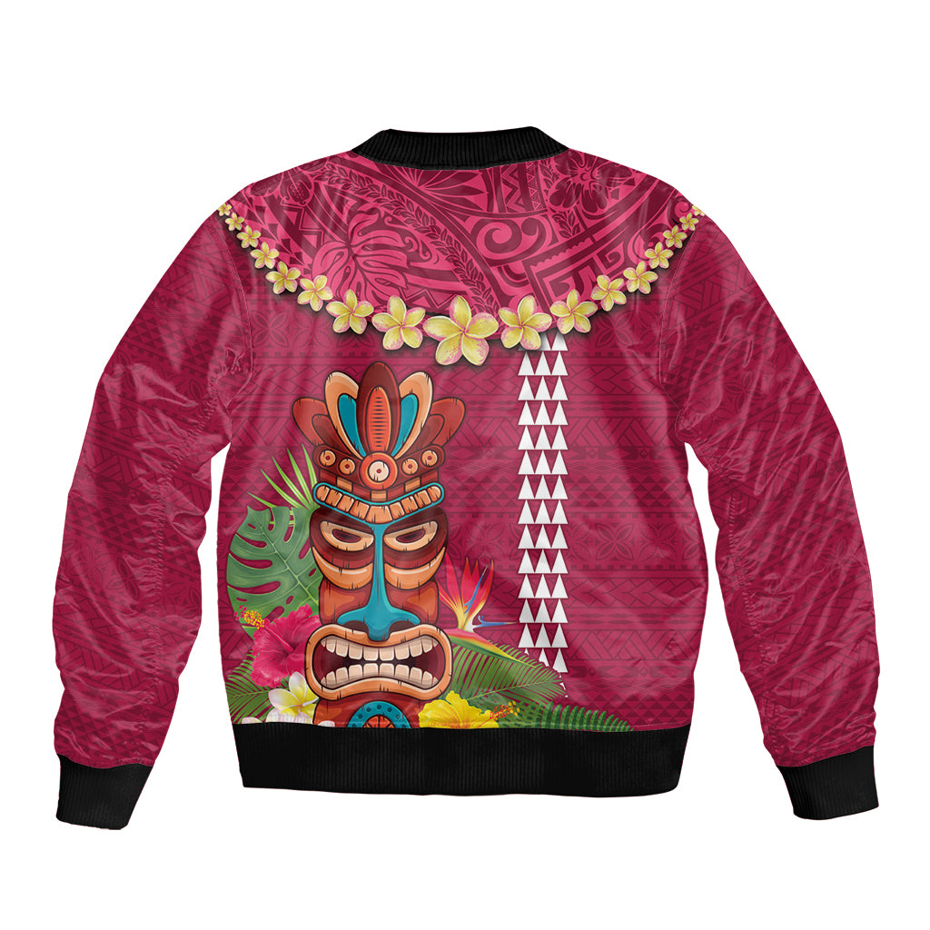 Hawaii Plumeria Lei Bomber Jacket Tiki and Kakau Pattern Pink Color