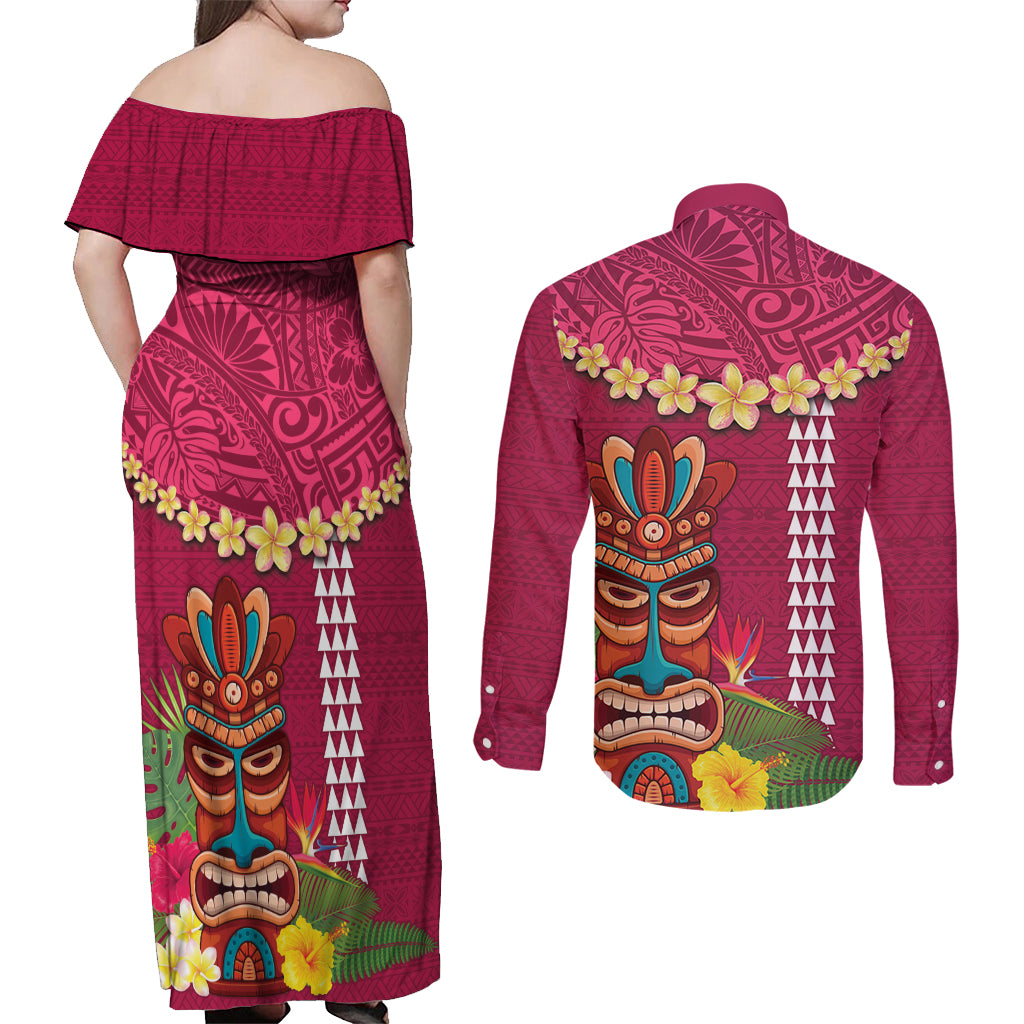 Hawaii Plumeria Lei Couples Matching Off Shoulder Maxi Dress and Long Sleeve Button Shirt Tiki and Kakau Pattern Pink Color