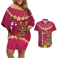 Hawaii Plumeria Lei Couples Matching Off Shoulder Short Dress and Hawaiian Shirt Tiki and Kakau Pattern Pink Color