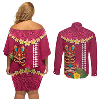 Hawaii Plumeria Lei Couples Matching Off Shoulder Short Dress and Long Sleeve Button Shirt Tiki and Kakau Pattern Pink Color