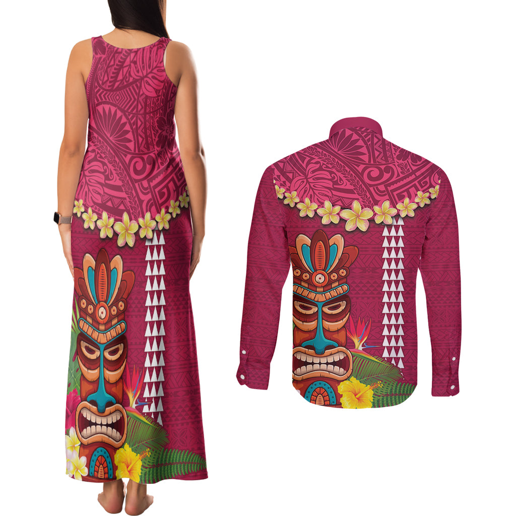 Hawaii Plumeria Lei Couples Matching Tank Maxi Dress and Long Sleeve Button Shirt Tiki and Kakau Pattern Pink Color