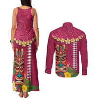 Hawaii Plumeria Lei Couples Matching Tank Maxi Dress and Long Sleeve Button Shirt Tiki and Kakau Pattern Pink Color