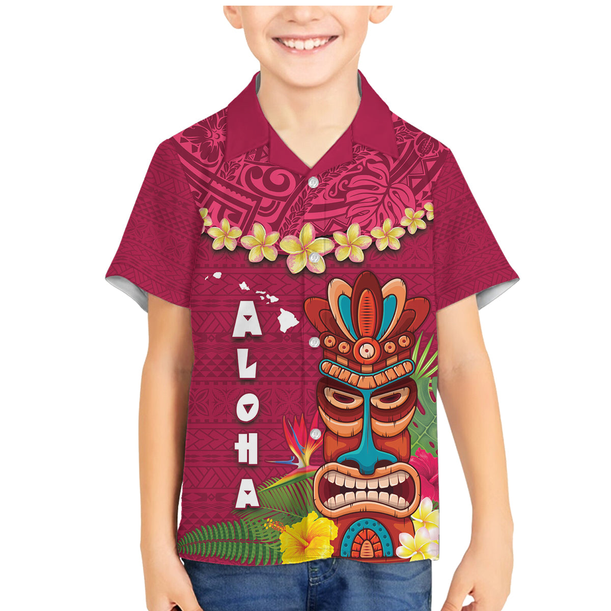 Hawaii Plumeria Lei Family Matching Mermaid Dress and Hawaiian Shirt Tiki and Kakau Pattern Pink Color