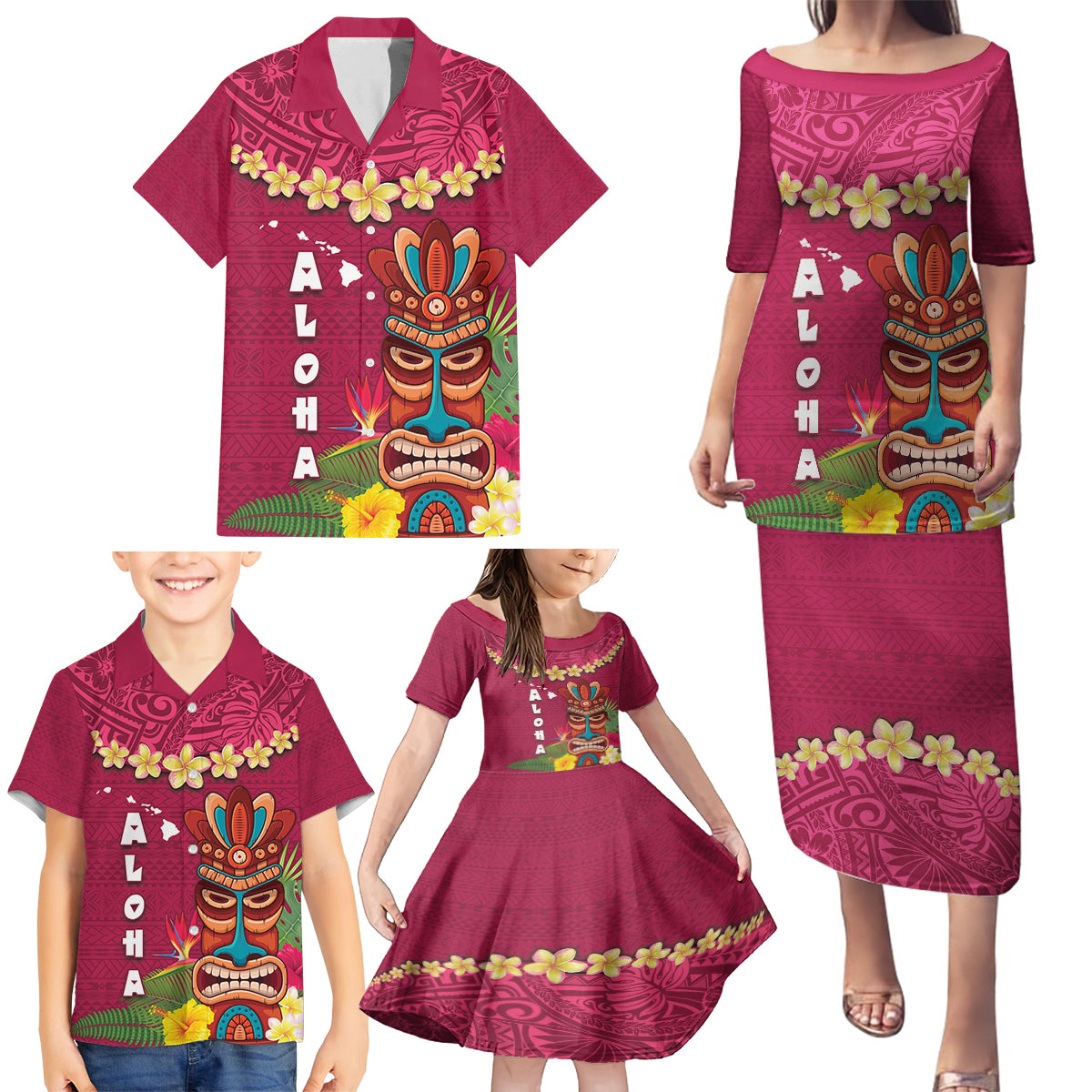 Hawaii Plumeria Lei Family Matching Puletasi and Hawaiian Shirt Tiki and Kakau Pattern Pink Color