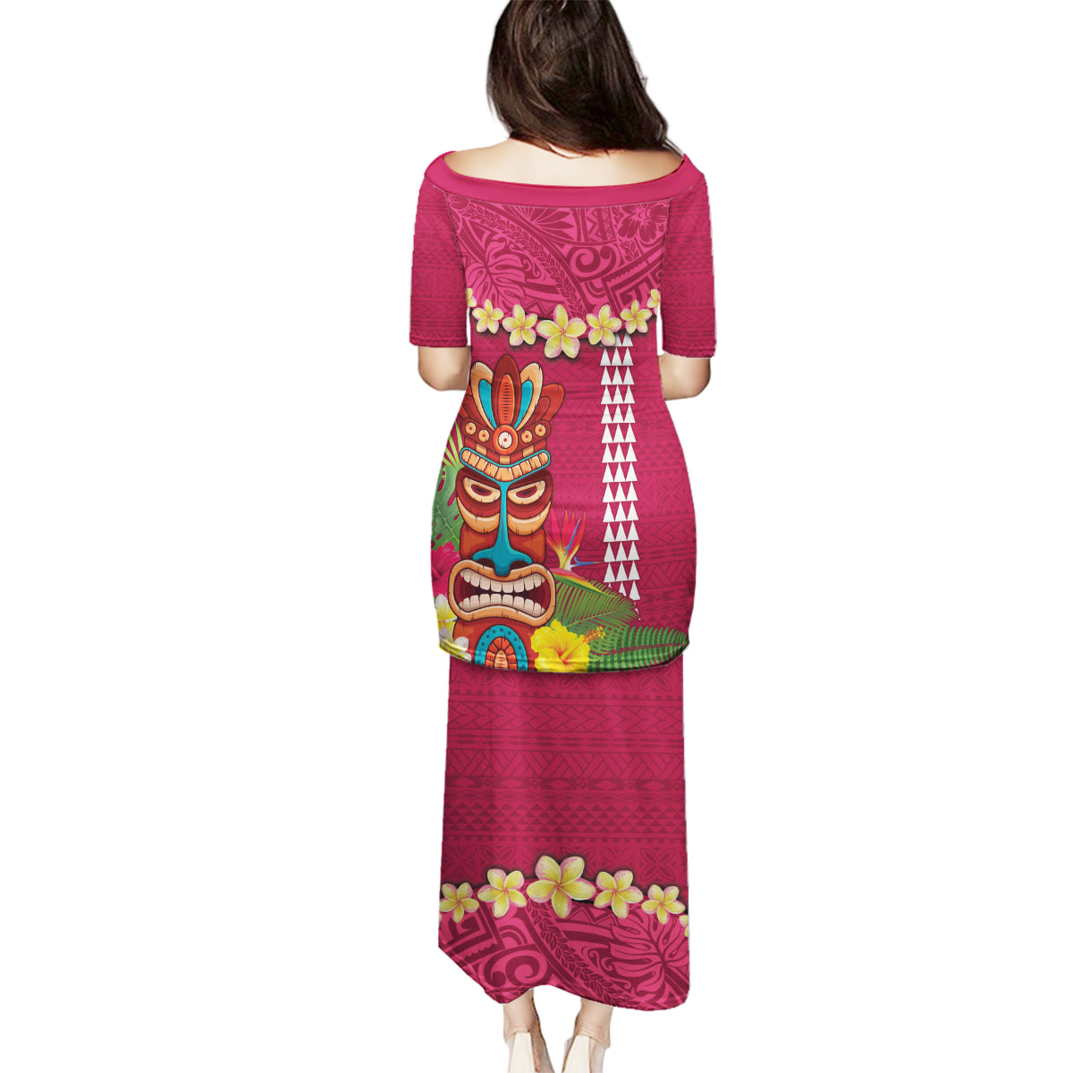 Hawaii Plumeria Lei Family Matching Puletasi and Hawaiian Shirt Tiki and Kakau Pattern Pink Color