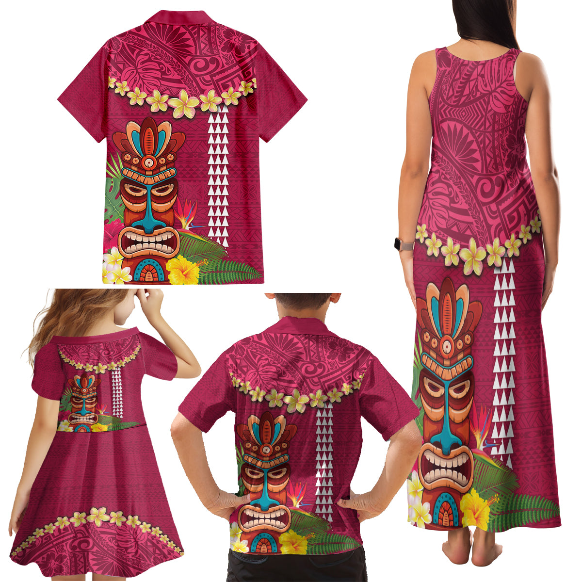 Hawaii Plumeria Lei Family Matching Tank Maxi Dress and Hawaiian Shirt Tiki and Kakau Pattern Pink Color
