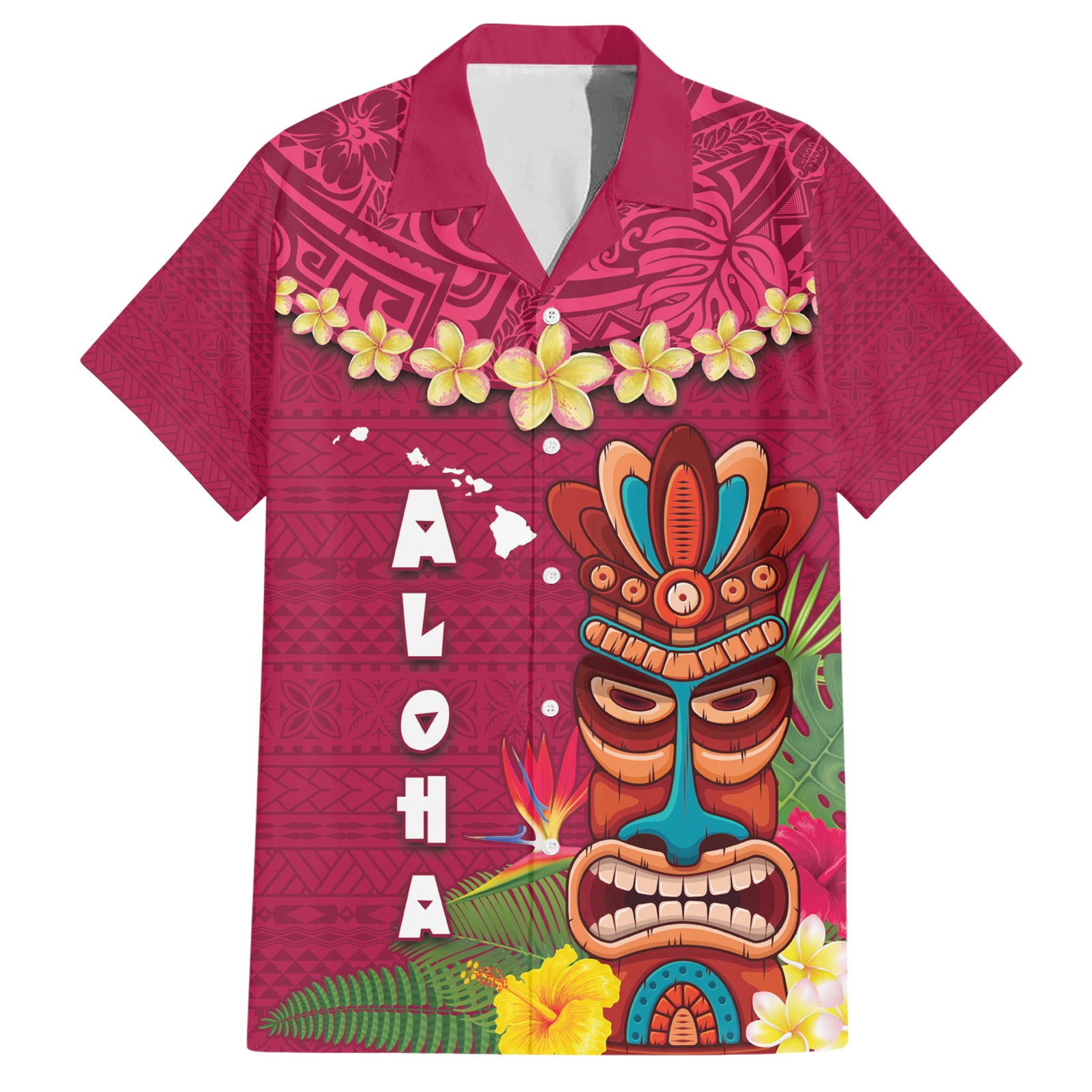 Hawaii Plumeria Lei Hawaiian Shirt Tiki and Kakau Pattern Pink Color