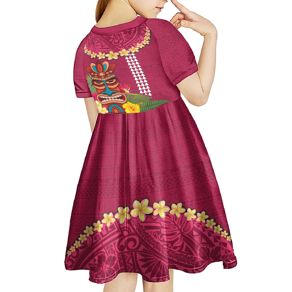 Hawaii Plumeria Lei Kid Short Sleeve Dress Tiki and Kakau Pattern Pink Color