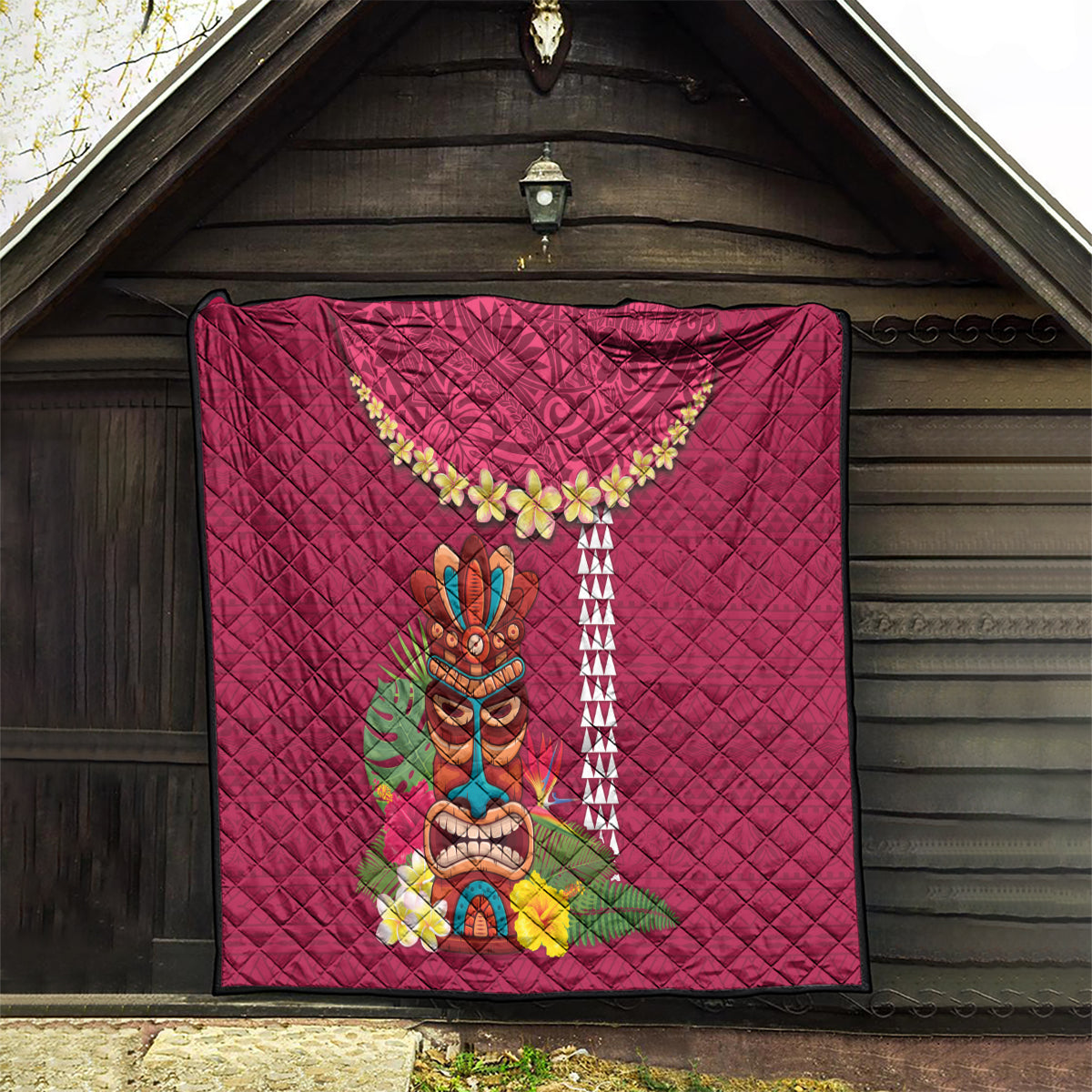 Hawaii Plumeria Lei Quilt Tiki and Kakau Pattern Pink Color
