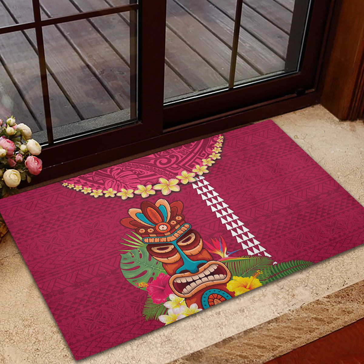 Hawaii Plumeria Lei Rubber Doormat Tiki and Kakau Pattern Pink Color