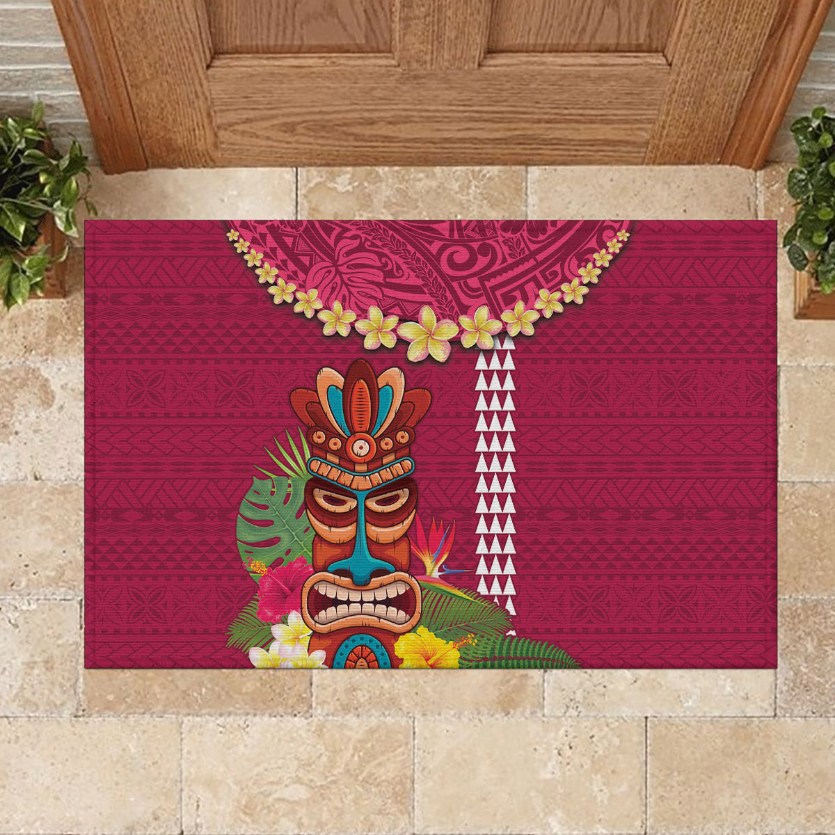Hawaii Plumeria Lei Rubber Doormat Tiki and Kakau Pattern Pink Color