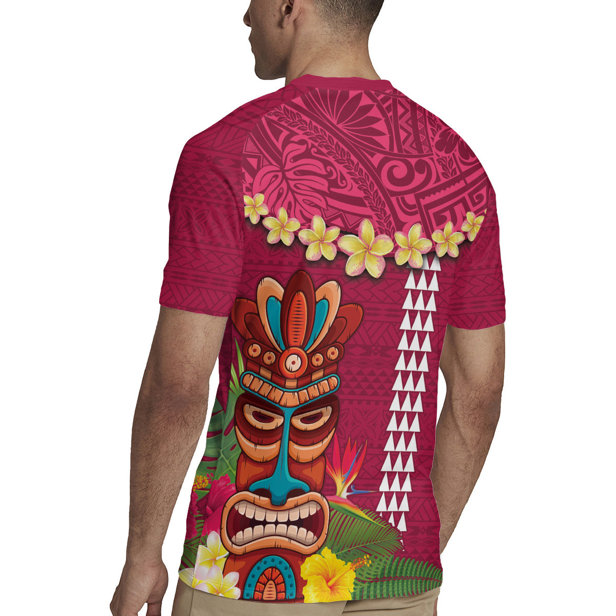 Hawaii Plumeria Lei Rugby Jersey Tiki and Kakau Pattern Pink Color