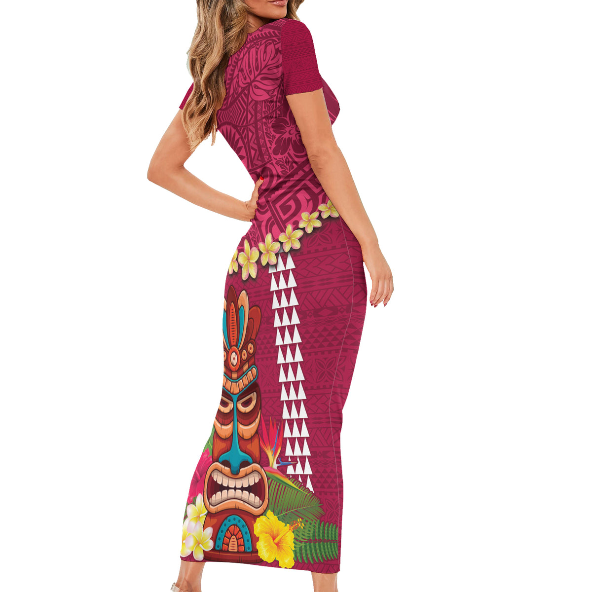 Hawaii Plumeria Lei Short Sleeve Bodycon Dress Tiki and Kakau Pattern Pink Color