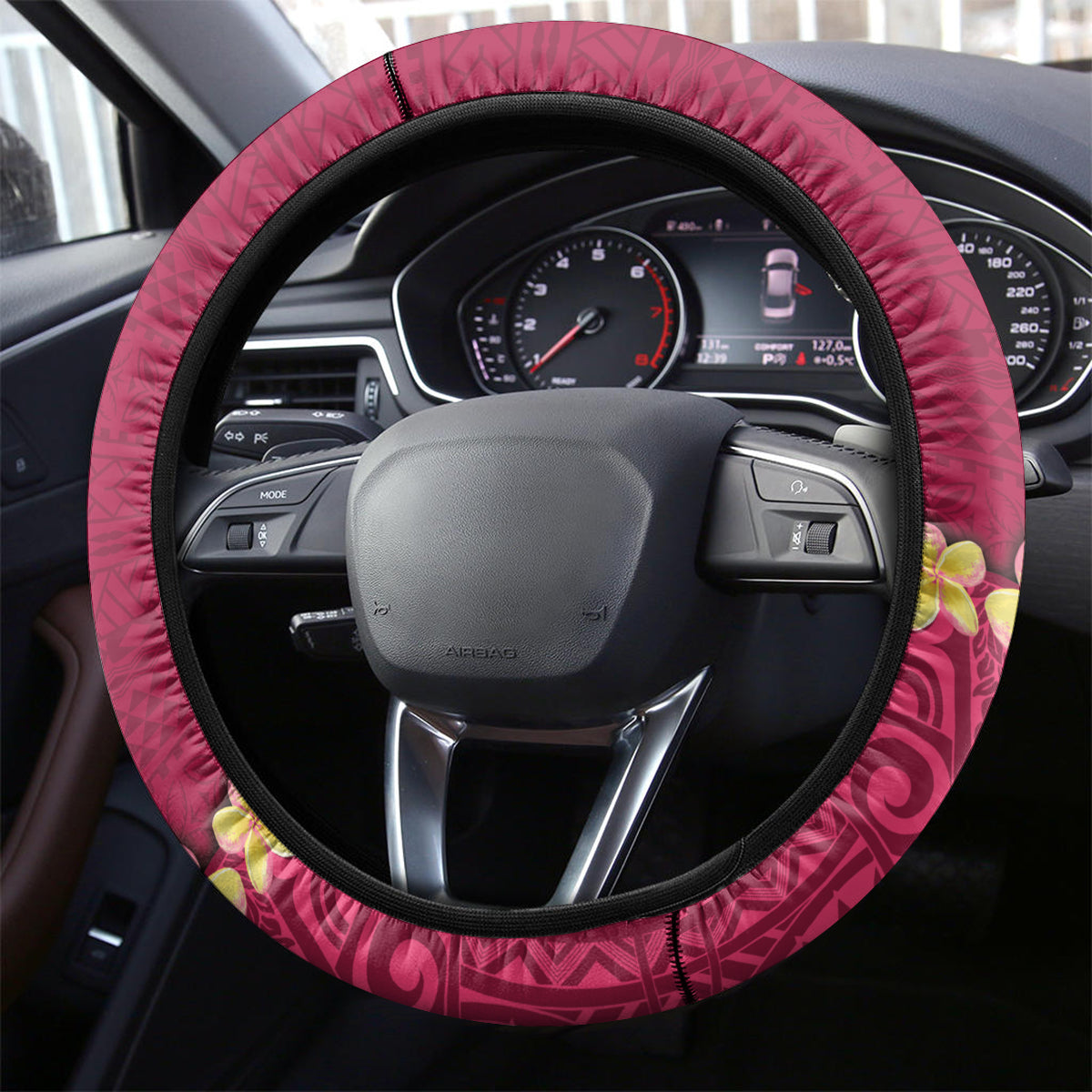 Hawaii Plumeria Lei Steering Wheel Cover Tiki and Kakau Pattern Pink Color