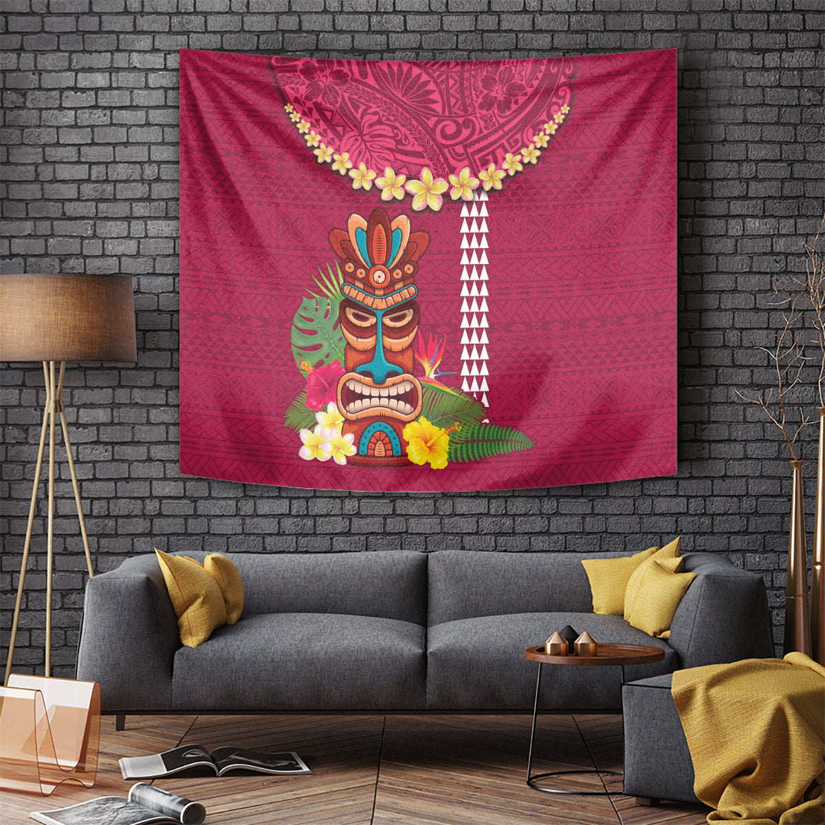 Hawaii Plumeria Lei Tapestry Tiki and Kakau Pattern Pink Color