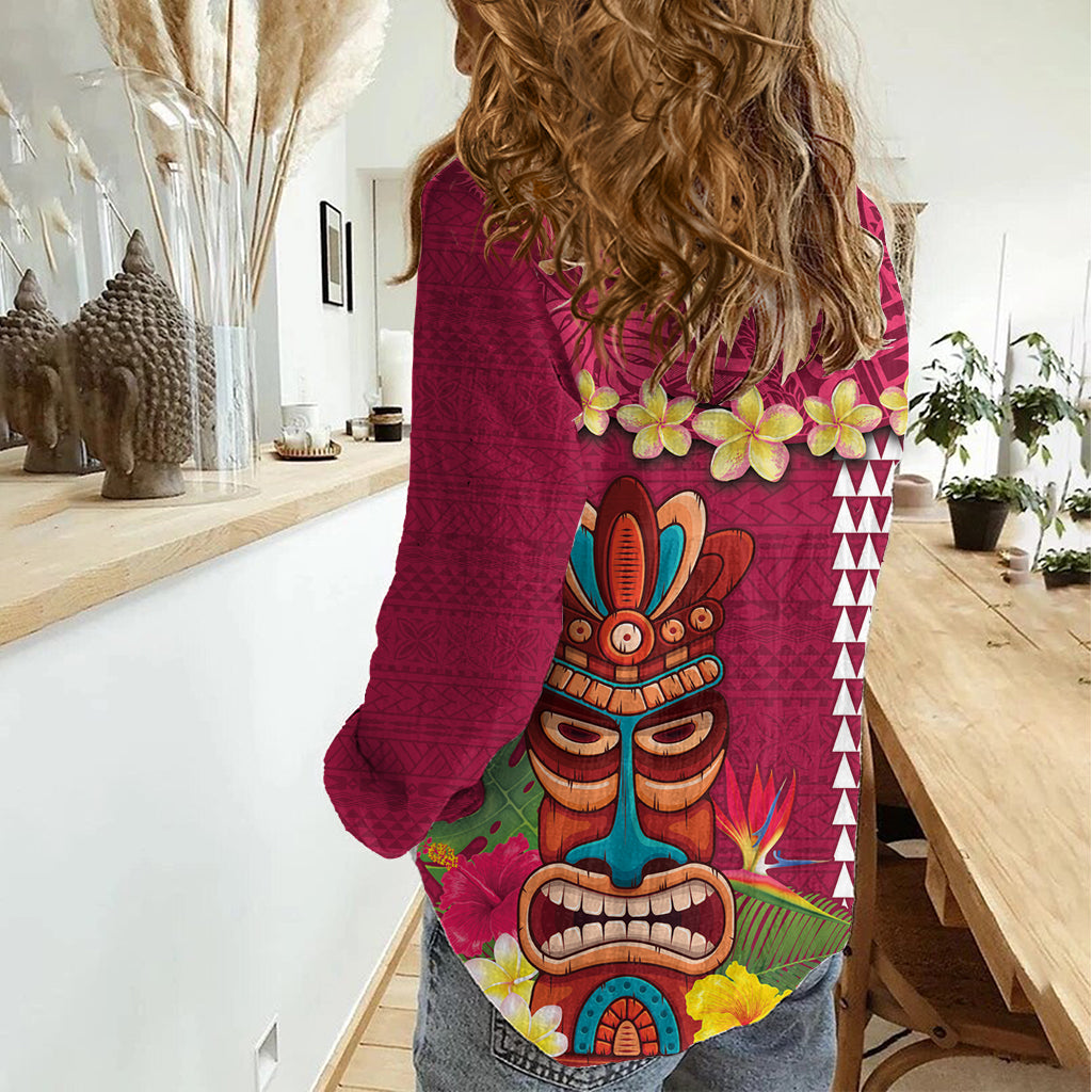 Hawaii Plumeria Lei Women Casual Shirt Tiki and Kakau Pattern Pink Color