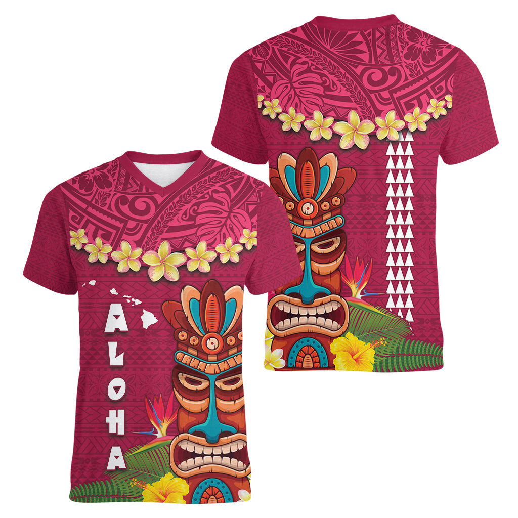 Hawaii Plumeria Lei Women V-Neck T-Shirt Tiki and Kakau Pattern Pink Color