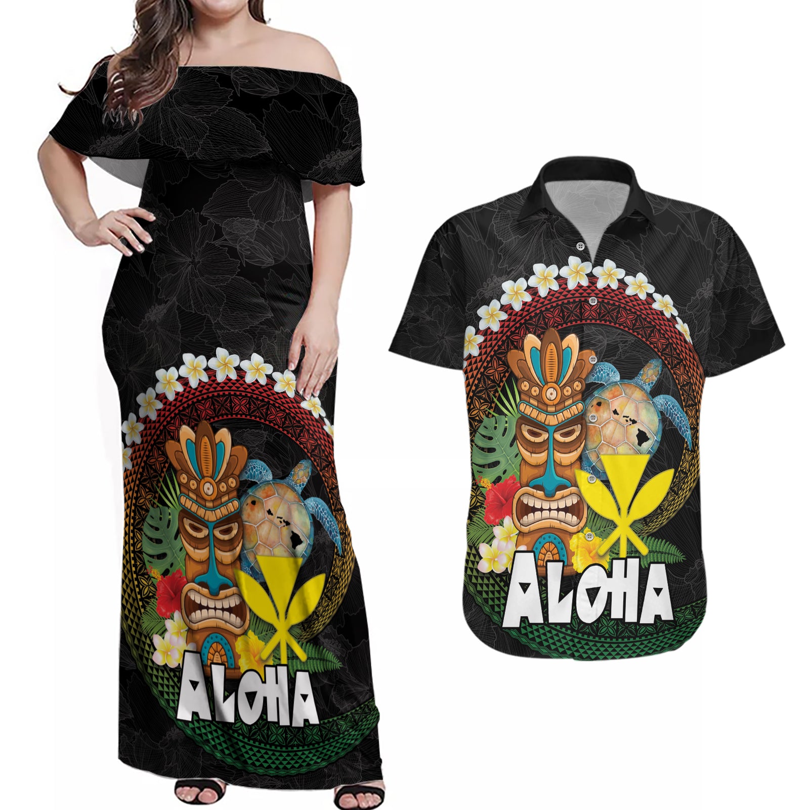 Aloha Hawaii Couples Matching Off Shoulder Maxi Dress and Hawaiian Shirt Kanaka Maoli with Polynesian Spiral Plumeria