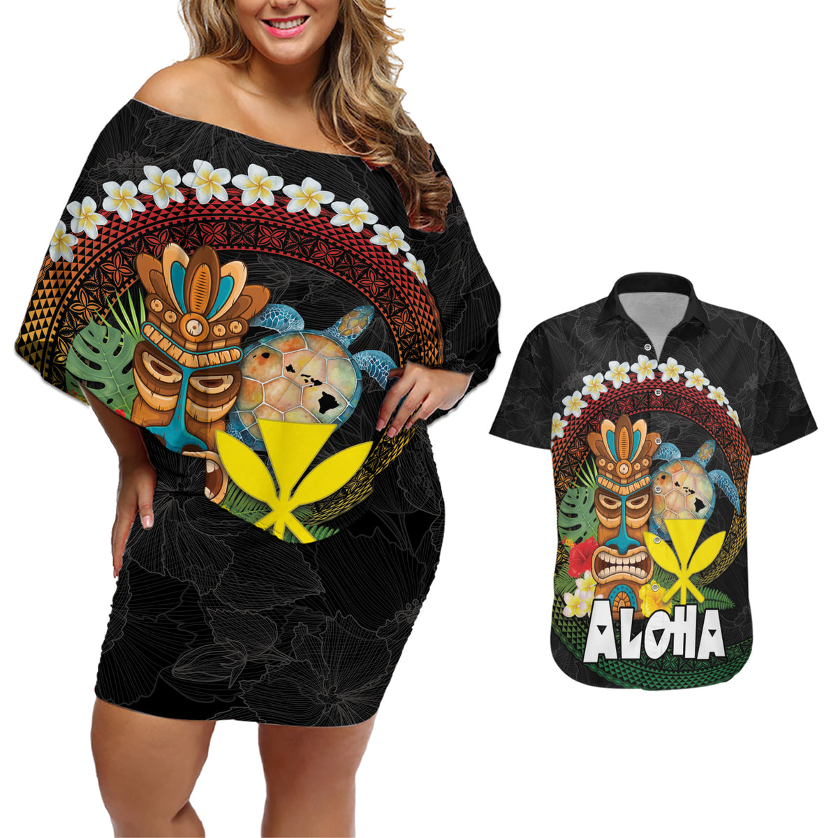 Aloha Hawaii Couples Matching Off Shoulder Short Dress and Hawaiian Shirt Kanaka Maoli with Polynesian Spiral Plumeria