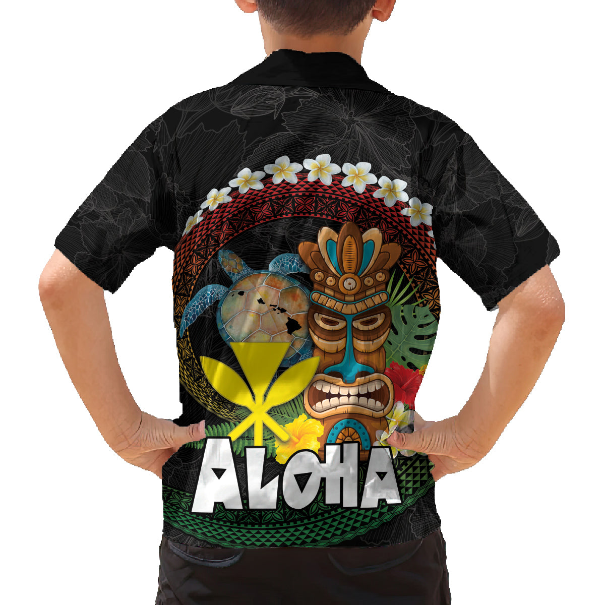 Aloha Hawaii Family Matching Off Shoulder Short Dress and Hawaiian Shirt Kanaka Maoli with Polynesian Spiral Plumeria