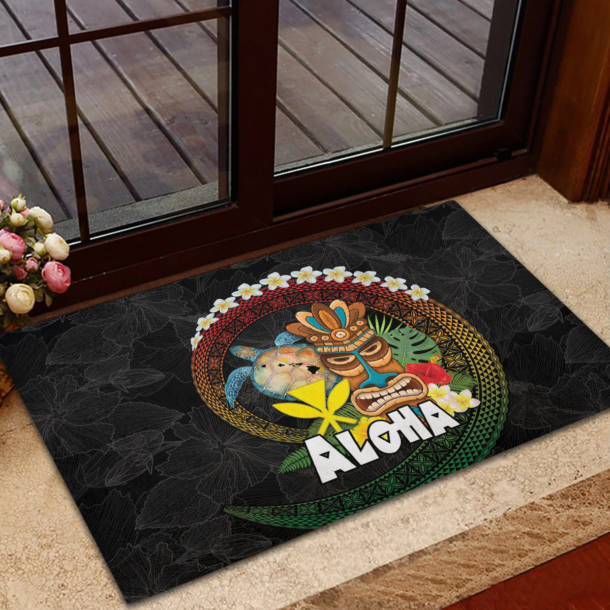 Aloha Hawaii Rubber Doormat Kanaka Maoli with Polynesian Spiral Plumeria