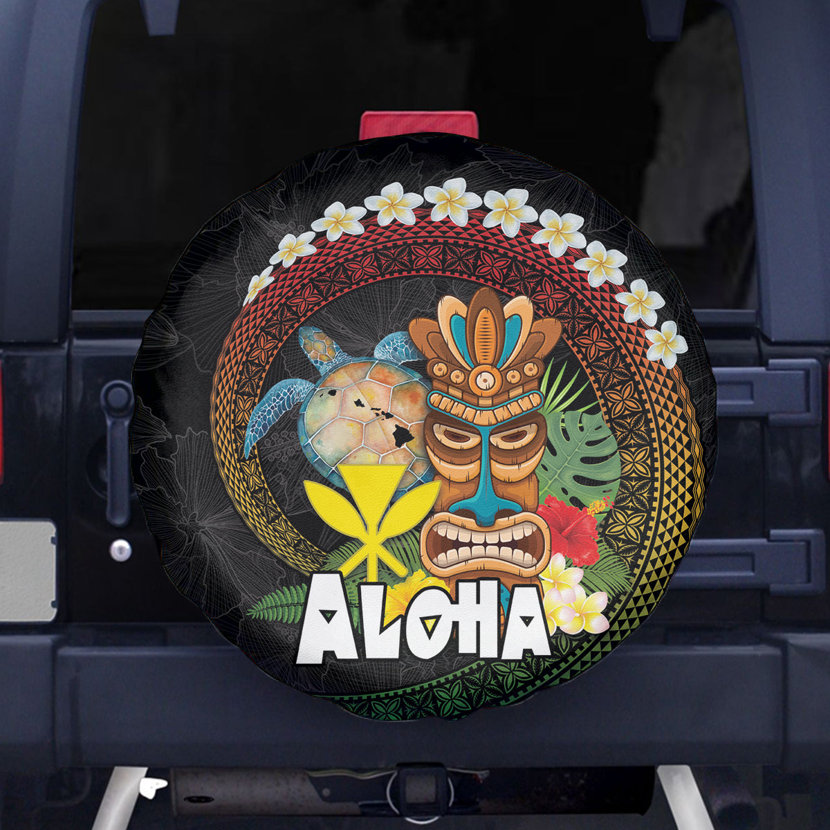 Aloha Hawaii Spare Tire Cover Kanaka Maoli with Polynesian Spiral Plumeria
