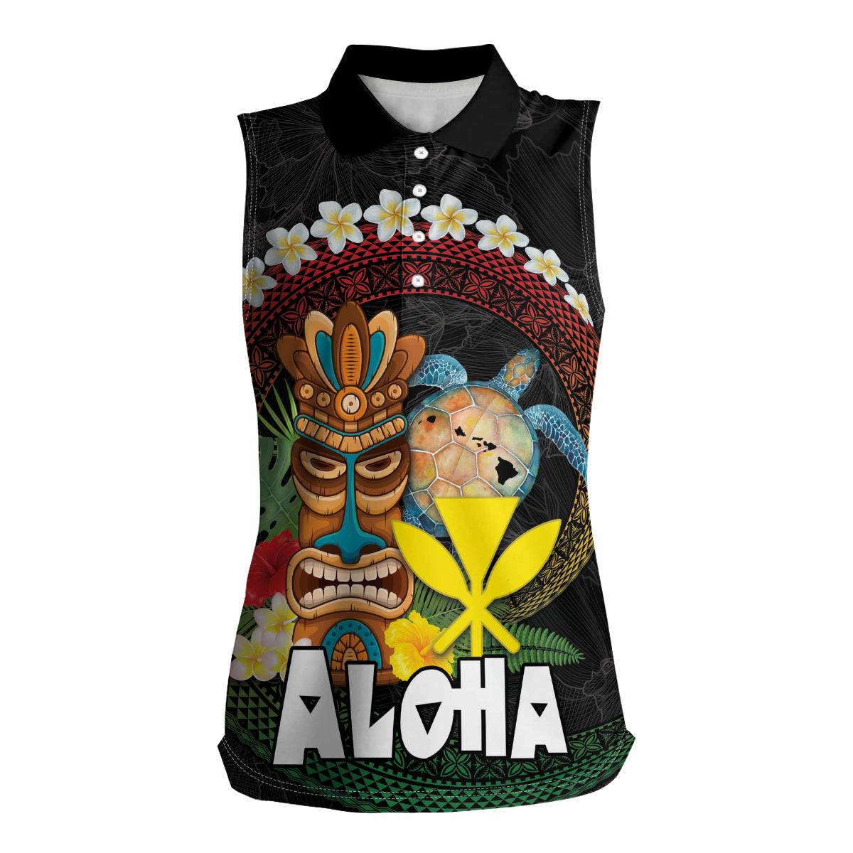 Aloha Hawaii Women Sleeveless Polo Shirt Kanaka Maoli with Polynesian Spiral Plumeria LT03 Female Black - Polynesian Pride