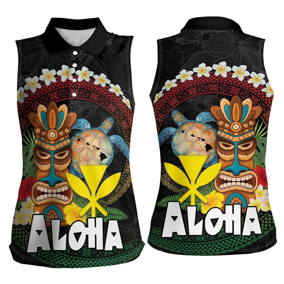 Aloha Hawaii Women Sleeveless Polo Shirt Kanaka Maoli with Polynesian Spiral Plumeria LT03 - Polynesian Pride