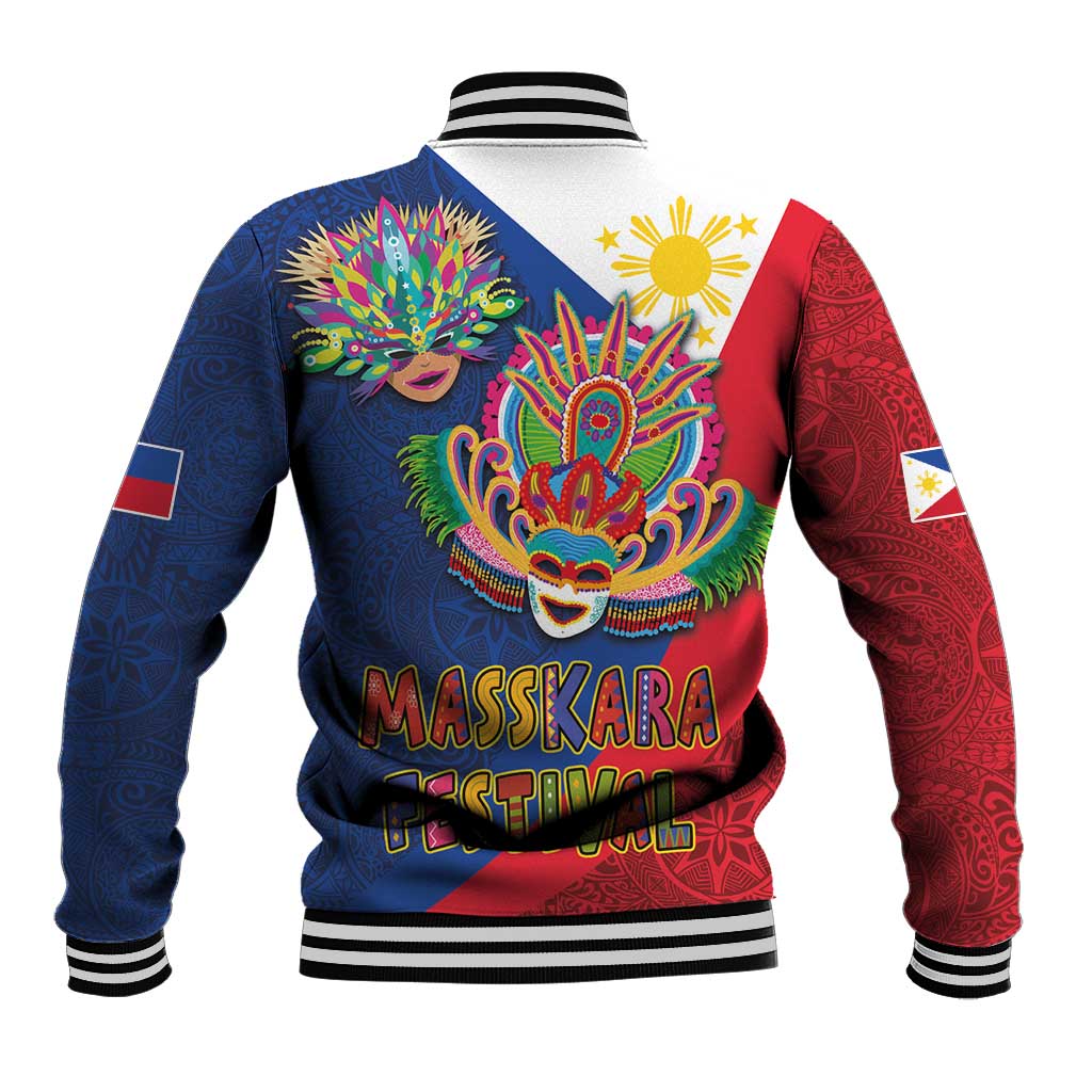 Philippines MassKara Baseball Jacket Filipino Carnival Mask and Polynesian Pattern