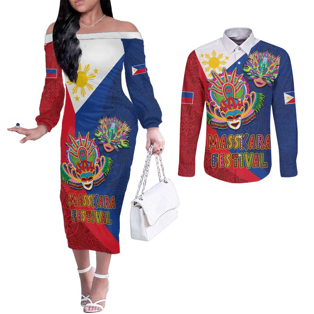 Philippines MassKara Couples Matching Off The Shoulder Long Sleeve Dress and Long Sleeve Button Shirt Filipino Carnival Mask and Polynesian Pattern