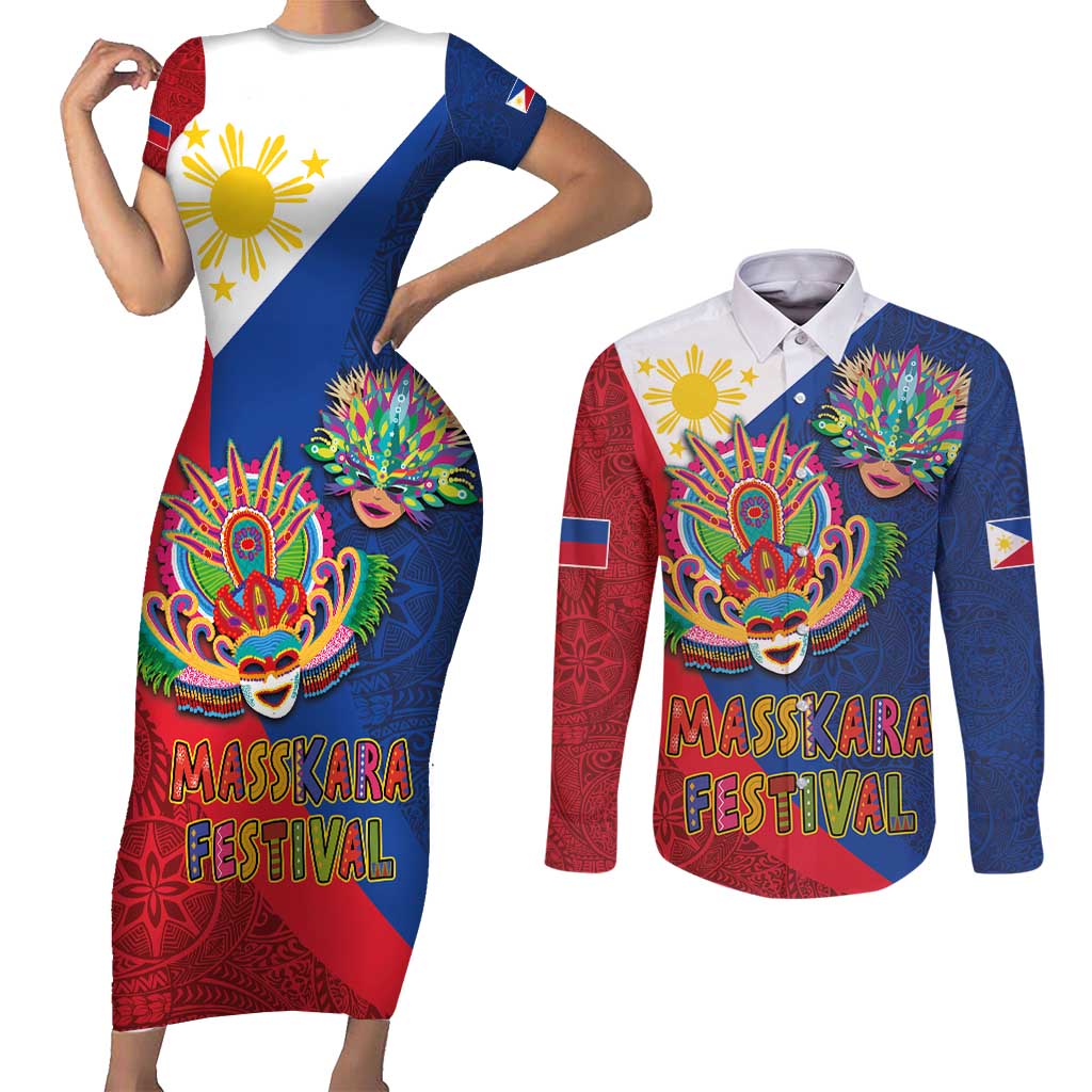 Philippines MassKara Couples Matching Short Sleeve Bodycon Dress and Long Sleeve Button Shirt Filipino Carnival Mask and Polynesian Pattern