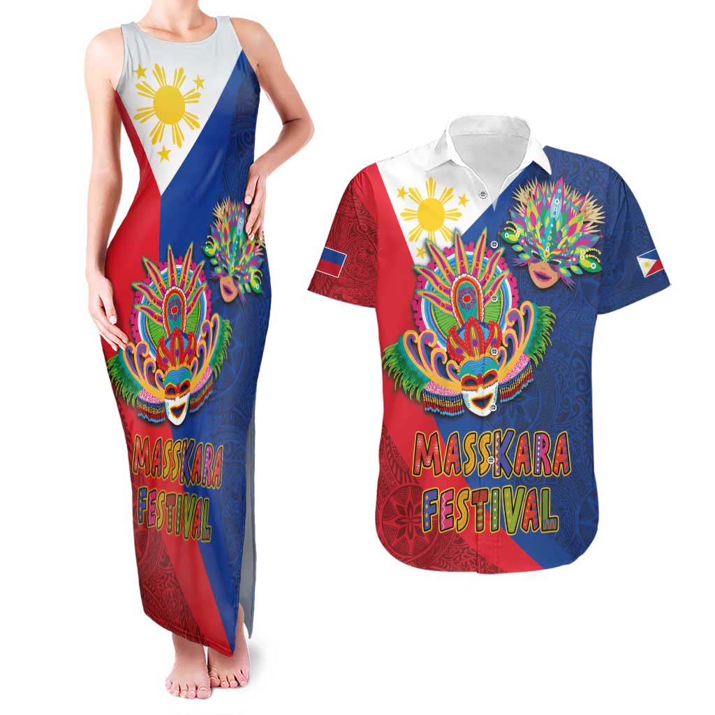 Philippines MassKara Couples Matching Tank Maxi Dress and Hawaiian Shirt Filipino Carnival Mask and Polynesian Pattern
