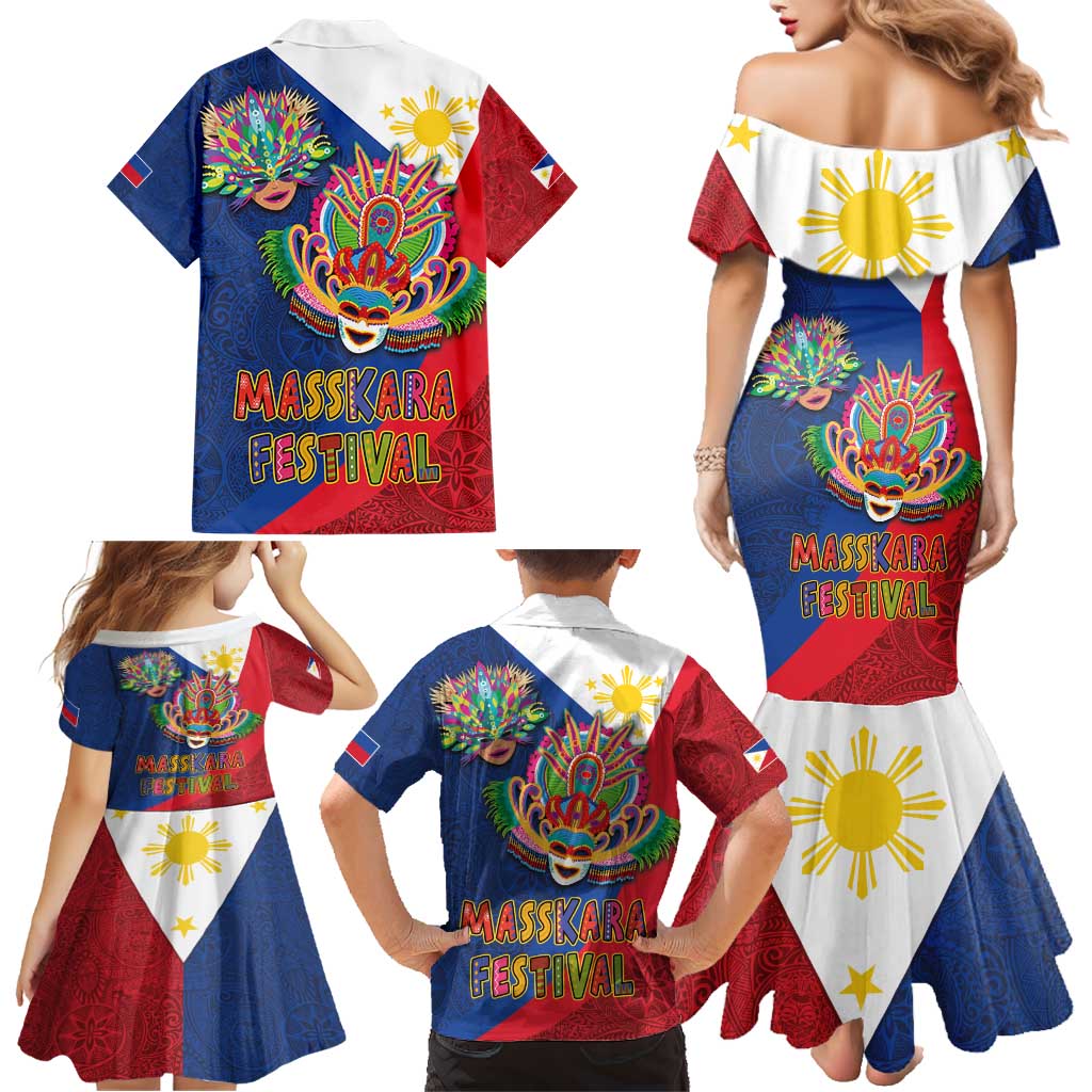Philippines MassKara Family Matching Mermaid Dress and Hawaiian Shirt Filipino Carnival Mask and Polynesian Pattern