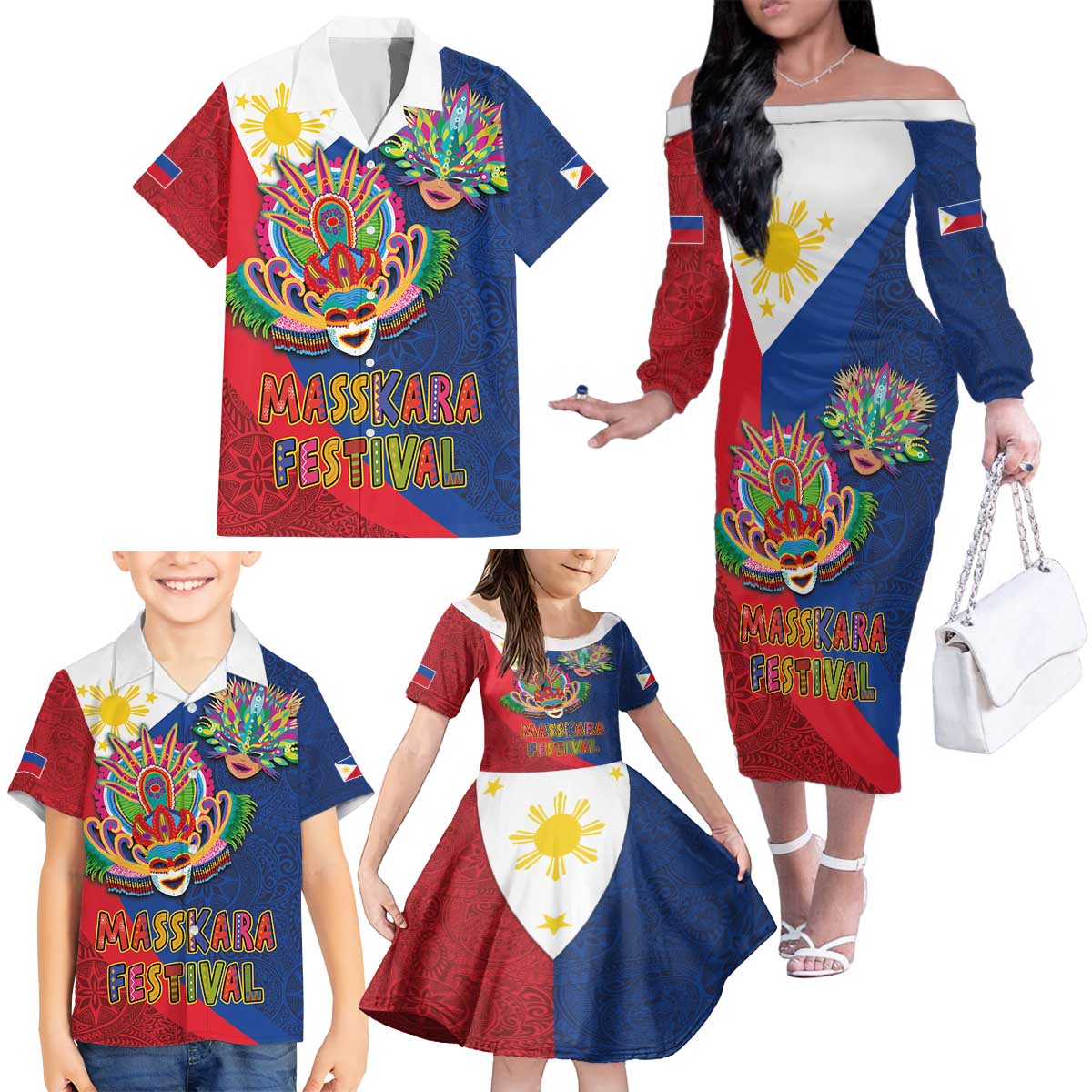 Philippines MassKara Family Matching Off The Shoulder Long Sleeve Dress and Hawaiian Shirt Filipino Carnival Mask and Polynesian Pattern