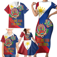 Philippines MassKara Family Matching Short Sleeve Bodycon Dress and Hawaiian Shirt Filipino Carnival Mask and Polynesian Pattern