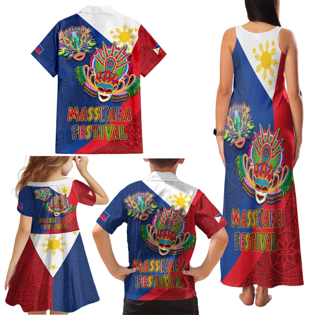 Philippines MassKara Family Matching Tank Maxi Dress and Hawaiian Shirt Filipino Carnival Mask and Polynesian Pattern