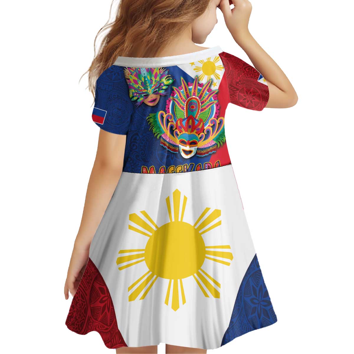 Philippines MassKara Kid Short Sleeve Dress Filipino Carnival Mask and Polynesian Pattern