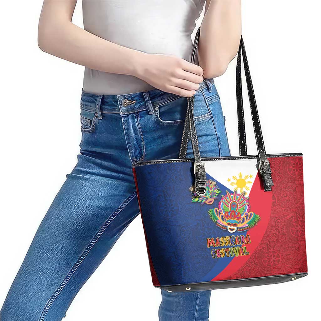 Philippines MassKara Leather Tote Bag Filipino Carnival Mask and Polynesian Pattern