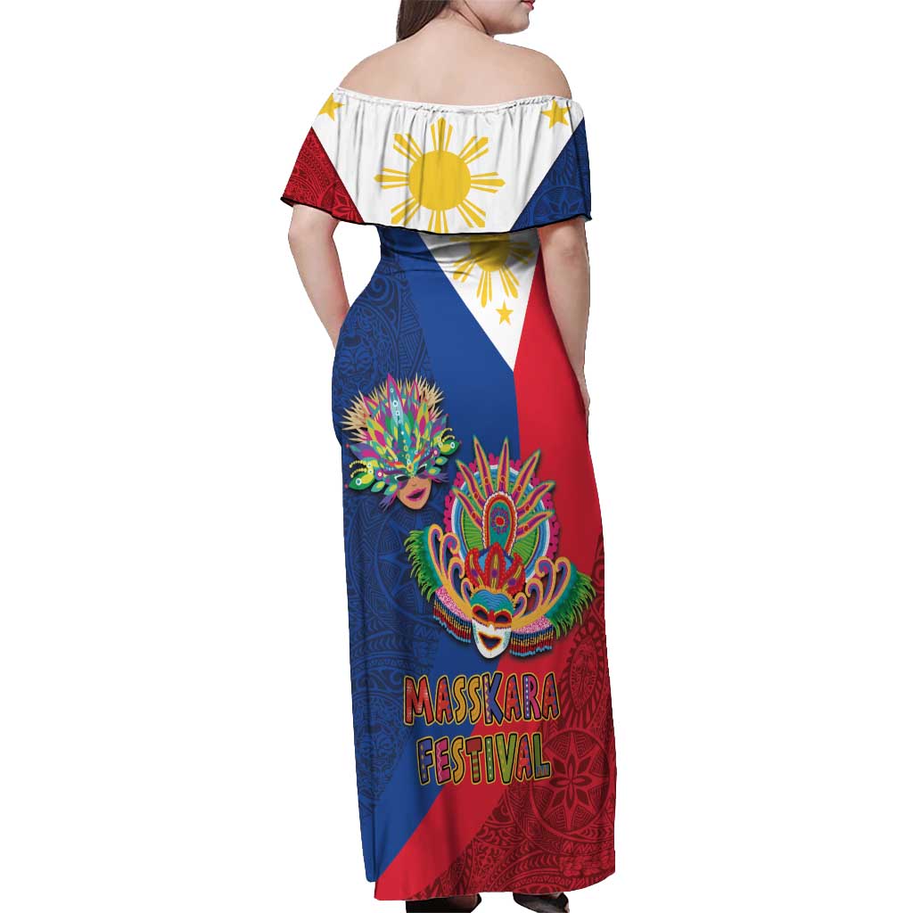 Philippines MassKara Off Shoulder Maxi Dress Filipino Carnival Mask and Polynesian Pattern