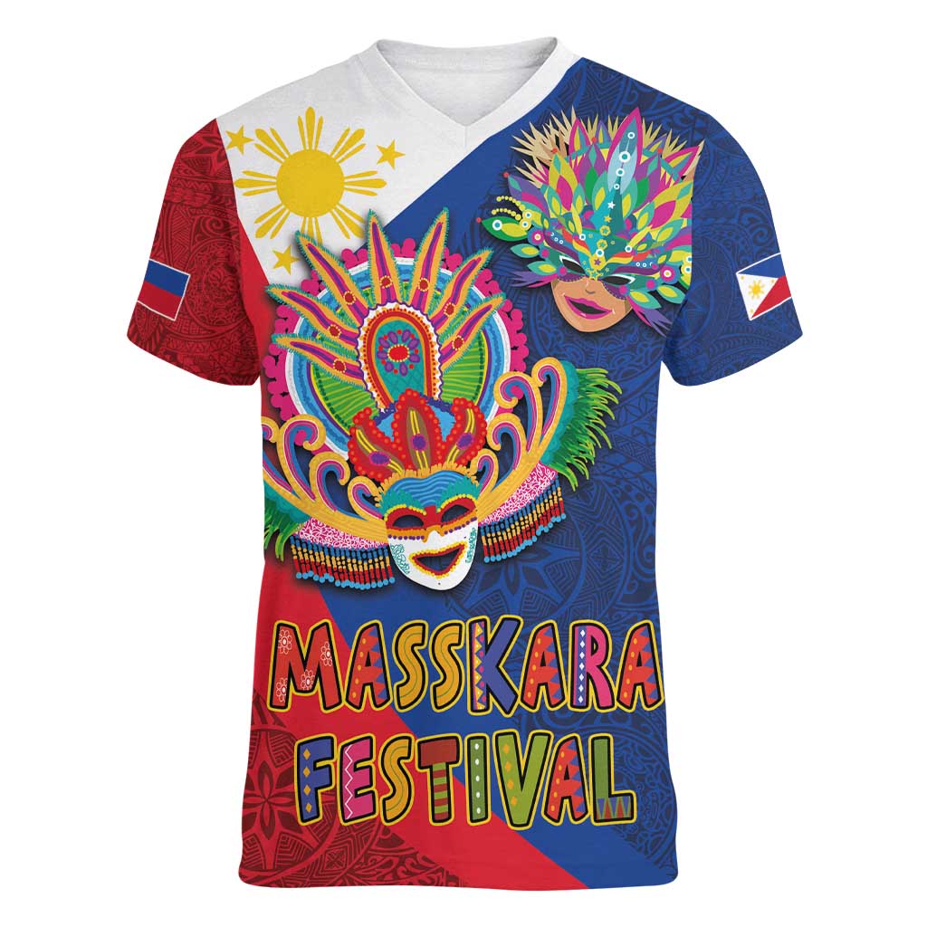 Philippines MassKara Women V-Neck T-Shirt Filipino Carnival Mask and Polynesian Pattern