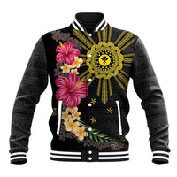 Hawaii and Philippines Together Baseball Jacket Hibiscus Flower and Sun Badge Polynesian Pattern Coloful