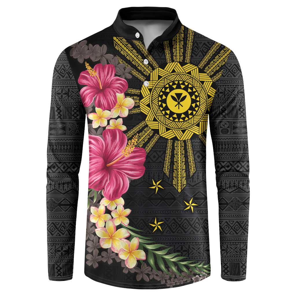 Hawaii and Philippines Together Button Sweatshirt Hibiscus Flower and Sun Badge Polynesian Pattern Coloful