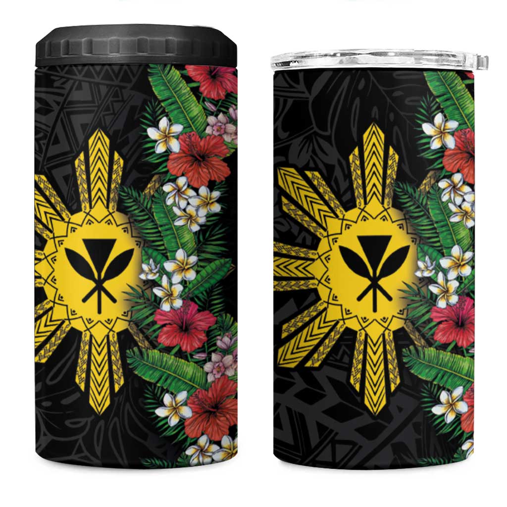 Hawaii and Philippines Together 4 in 1 Can Cooler Tumbler Hibiscus Flower and Sun Badge Polynesian Pattern Coloful