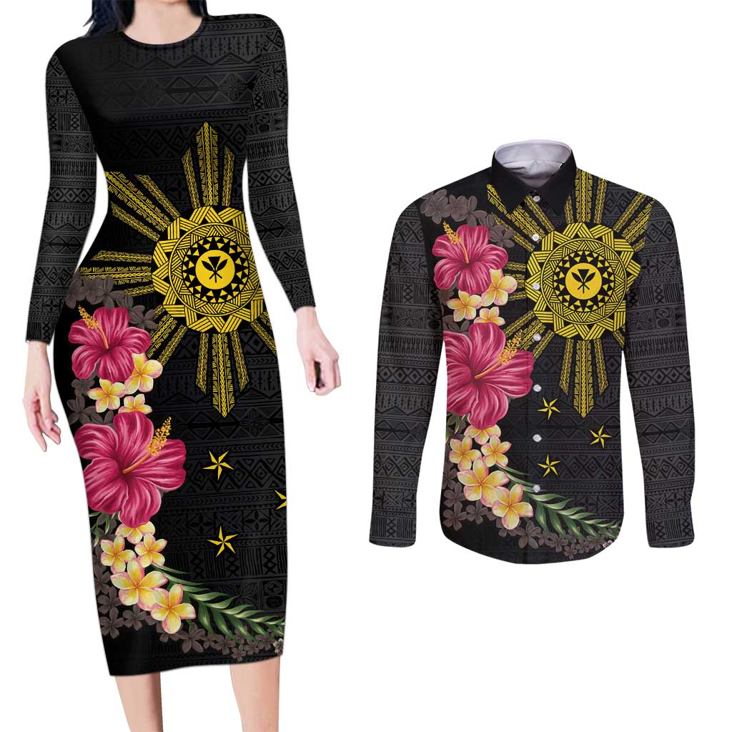 Hawaii and Philippines Together Couples Matching Long Sleeve Bodycon Dress and Long Sleeve Button Shirt Hibiscus Flower and Sun Badge Polynesian Pattern Coloful