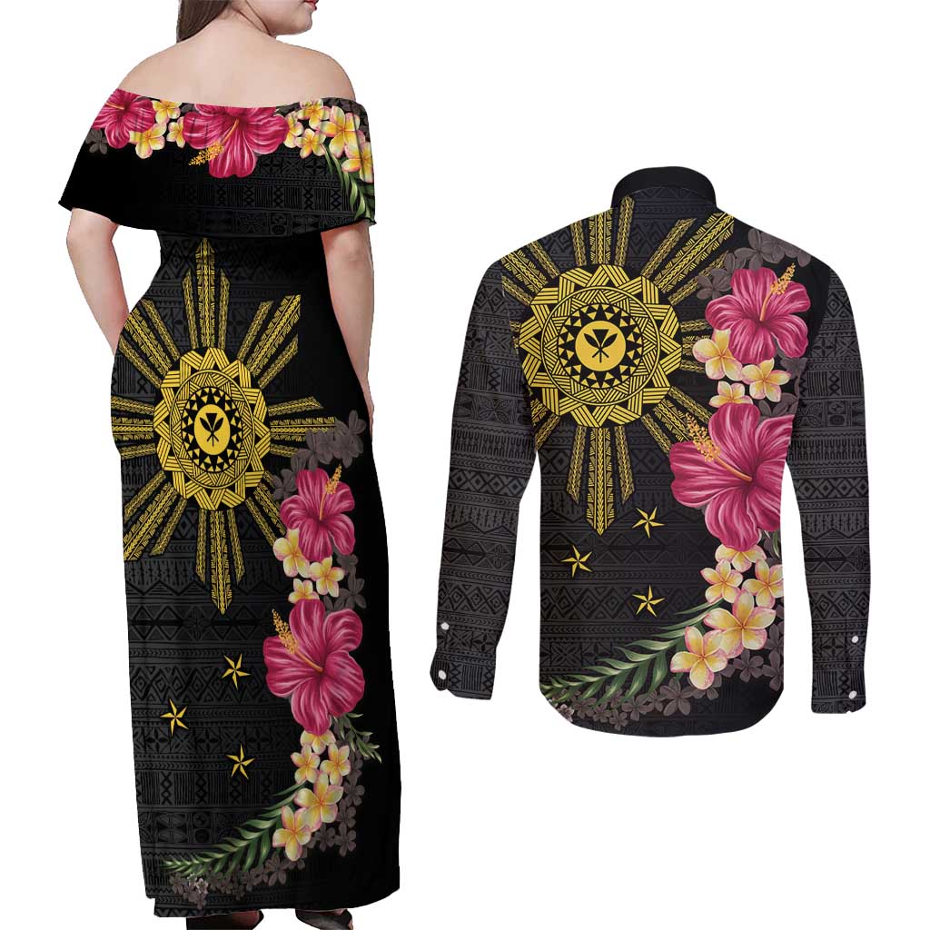 Hawaii and Philippines Together Couples Matching Off Shoulder Maxi Dress and Long Sleeve Button Shirt Hibiscus Flower and Sun Badge Polynesian Pattern Coloful