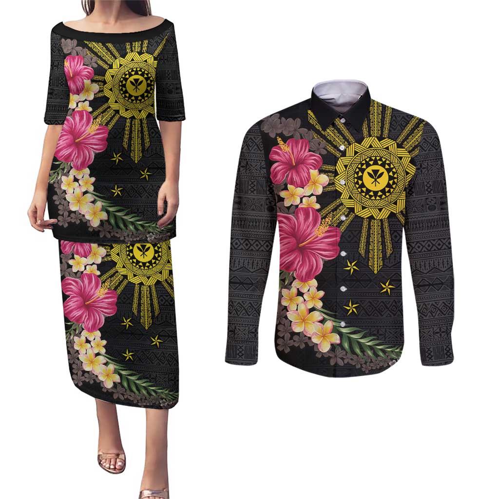 Hawaii and Philippines Together Couples Matching Puletasi and Long Sleeve Button Shirt Hibiscus Flower and Sun Badge Polynesian Pattern Coloful