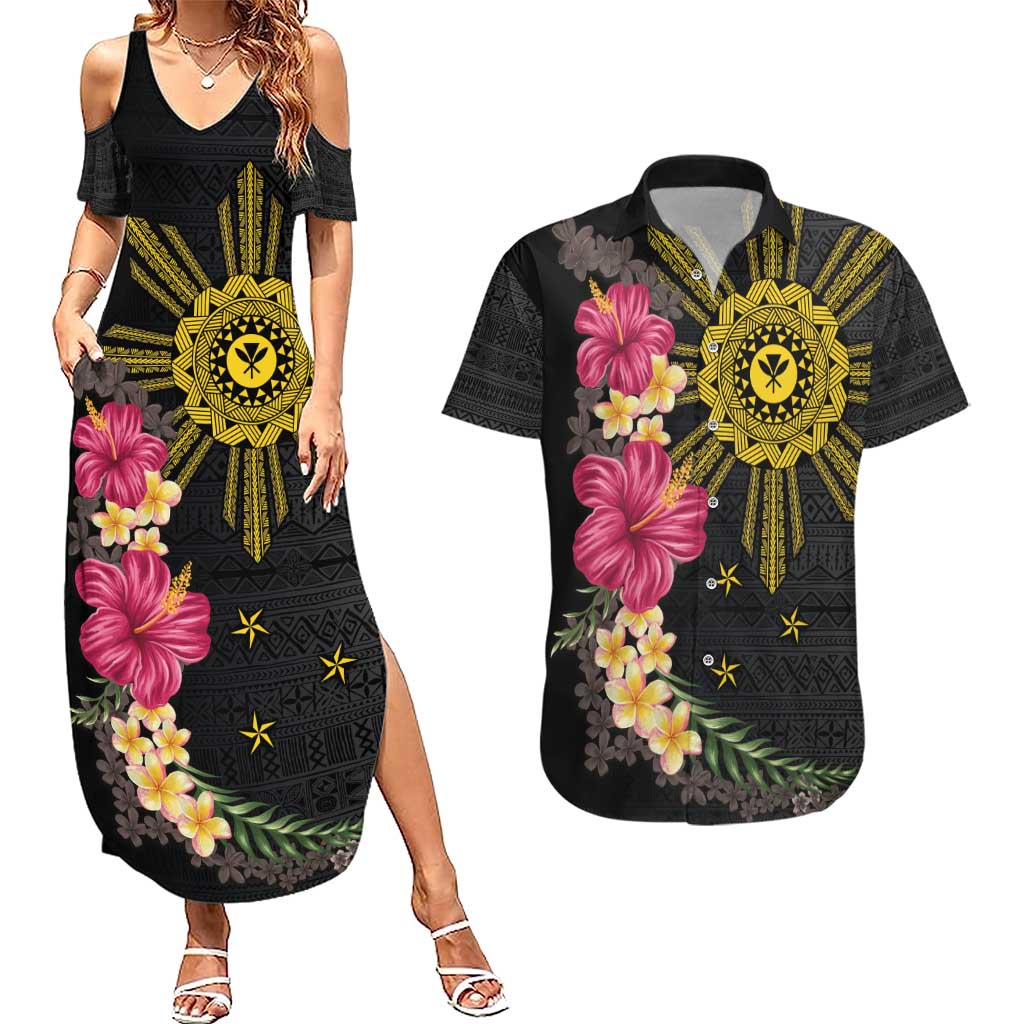 Hawaii and Philippines Together Couples Matching Summer Maxi Dress and Hawaiian Shirt Hibiscus Flower and Sun Badge Polynesian Pattern Coloful