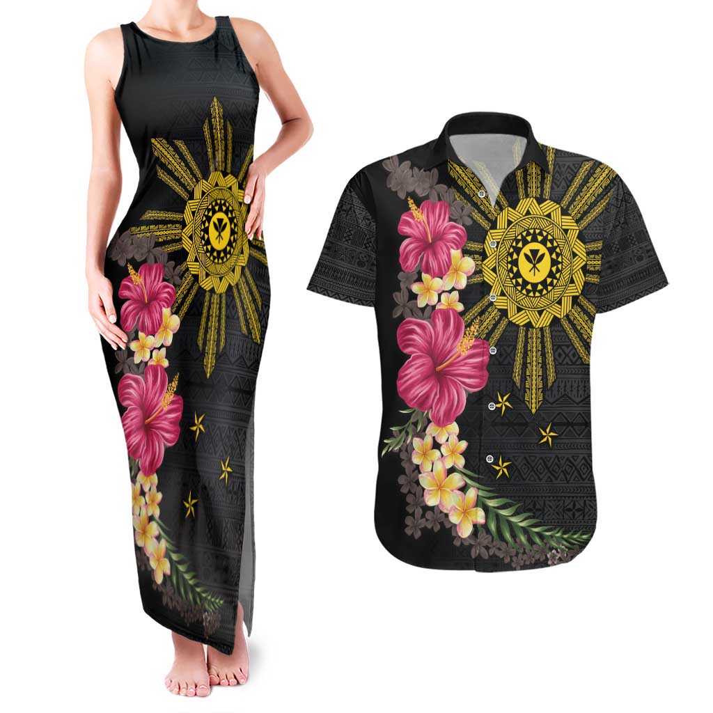Hawaii and Philippines Together Couples Matching Tank Maxi Dress and Hawaiian Shirt Hibiscus Flower and Sun Badge Polynesian Pattern Coloful