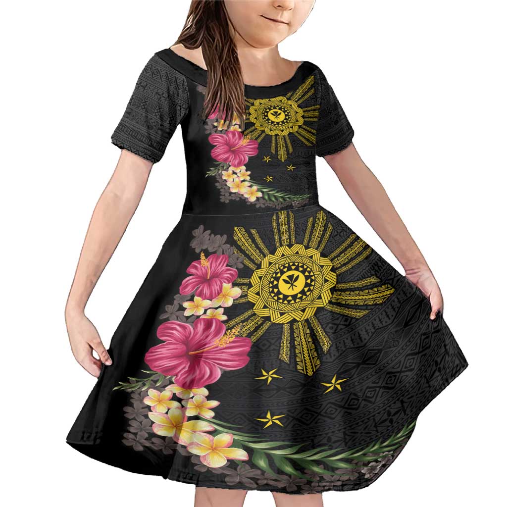 Hawaii and Philippines Together Family Matching Mermaid Dress and Hawaiian Shirt Hibiscus Flower and Sun Badge Polynesian Pattern Coloful